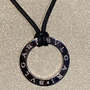 Bvlgari Signature 18k White Gold Large Open Circle Pendant & Cord Necklace